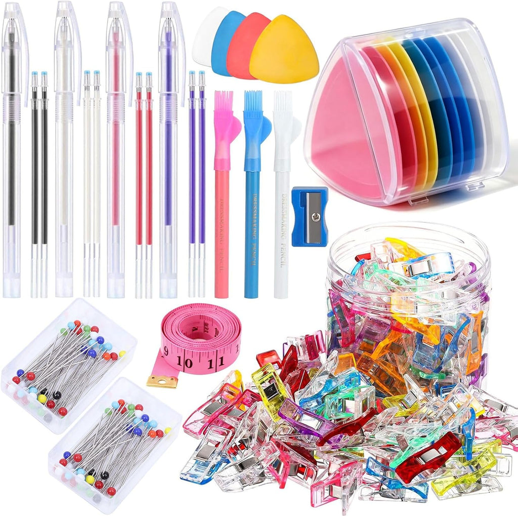 10Pcs Triangle Tailors Chalk with 100Pcs Sewing Clips, 100pcs Straight