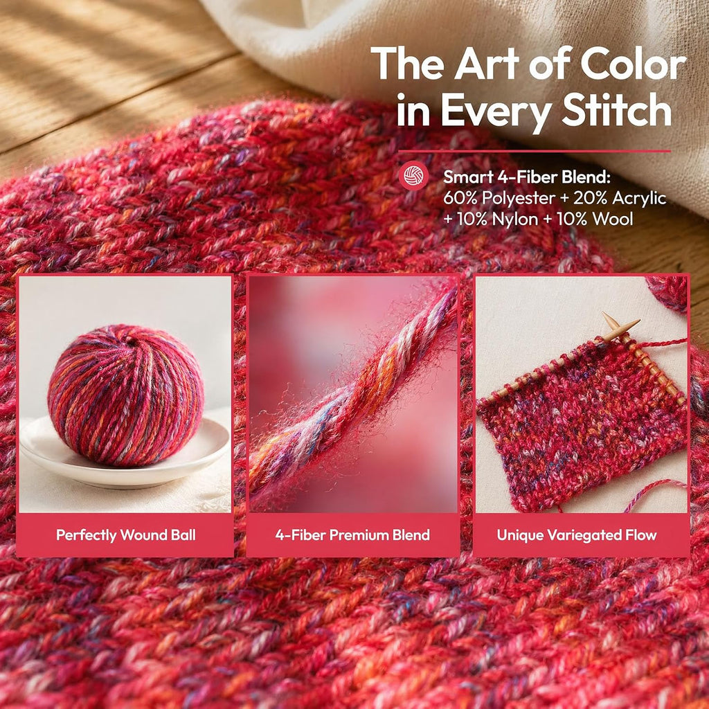 Luxury Variegated Wool Blended Yarn, 60% Polyester 20% Acrylic 10%