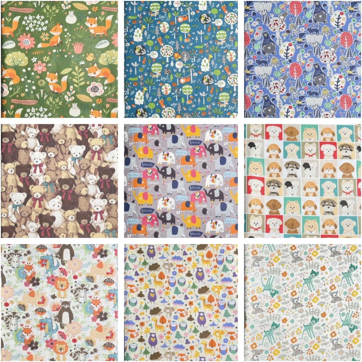 ZOOELAY Animal Fat Quarters, 9 Pcs 18" × 22", Cotton Fabric for