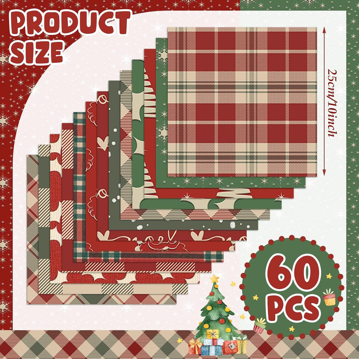 FuWeave 60 Pcs 10''x10'' Vintage Christmas Plaid Quilting Fabric