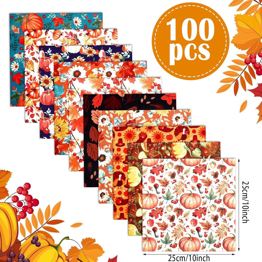Ganeen 100 Pcs 10 x 10 Inch Thanksgiving/ Fall Fabric Squares for