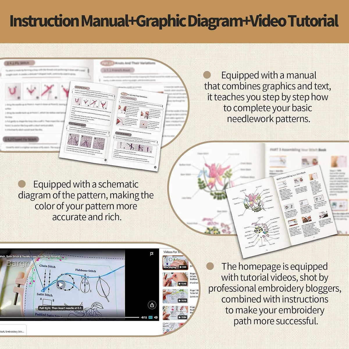 Bargron Embroidery Stitch Book Kit for Beginners, Step by Step Video