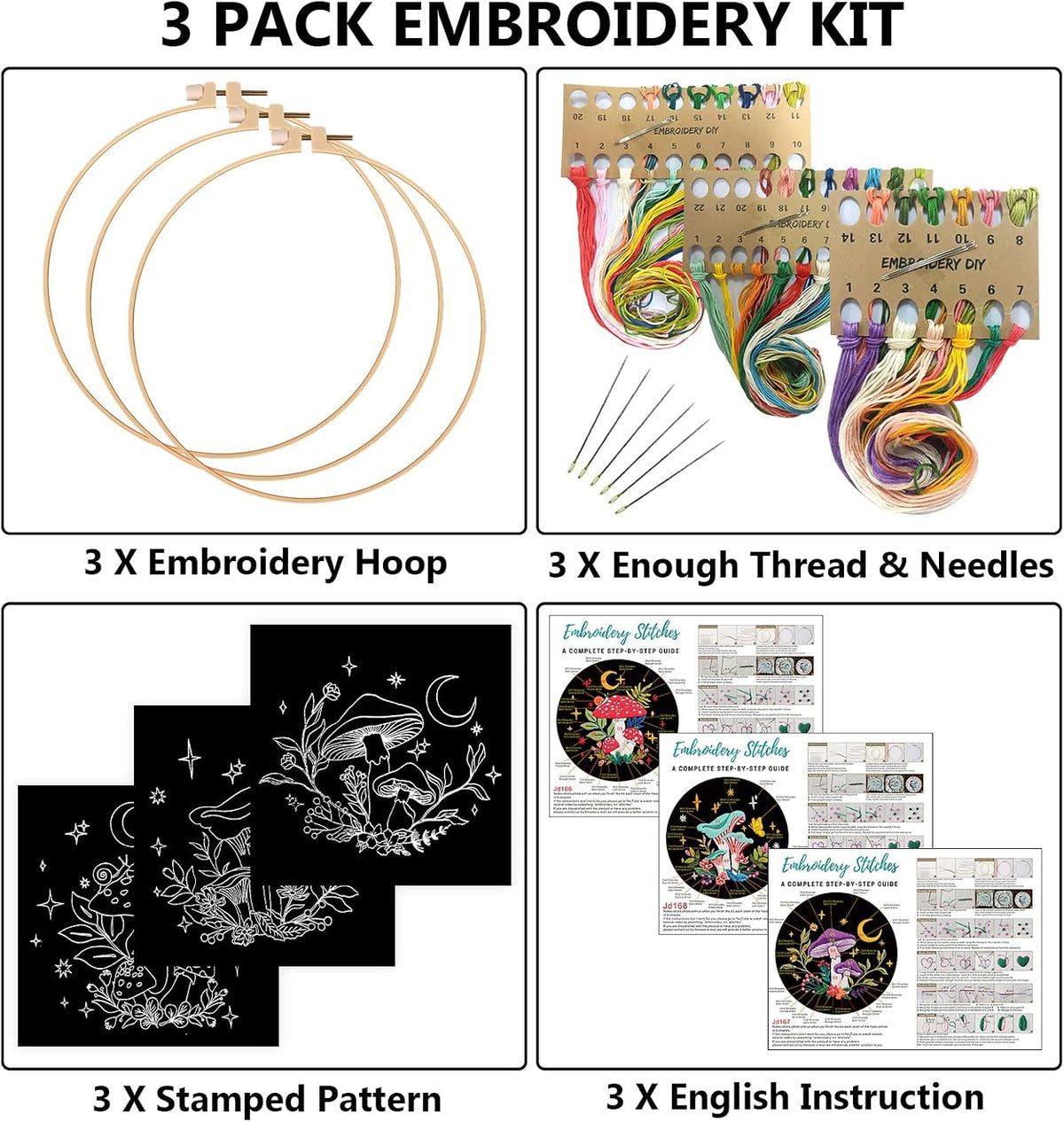 Nuberlic 3 Pack Embroidery Kit for Beginners, Mushroom Cross Stitch