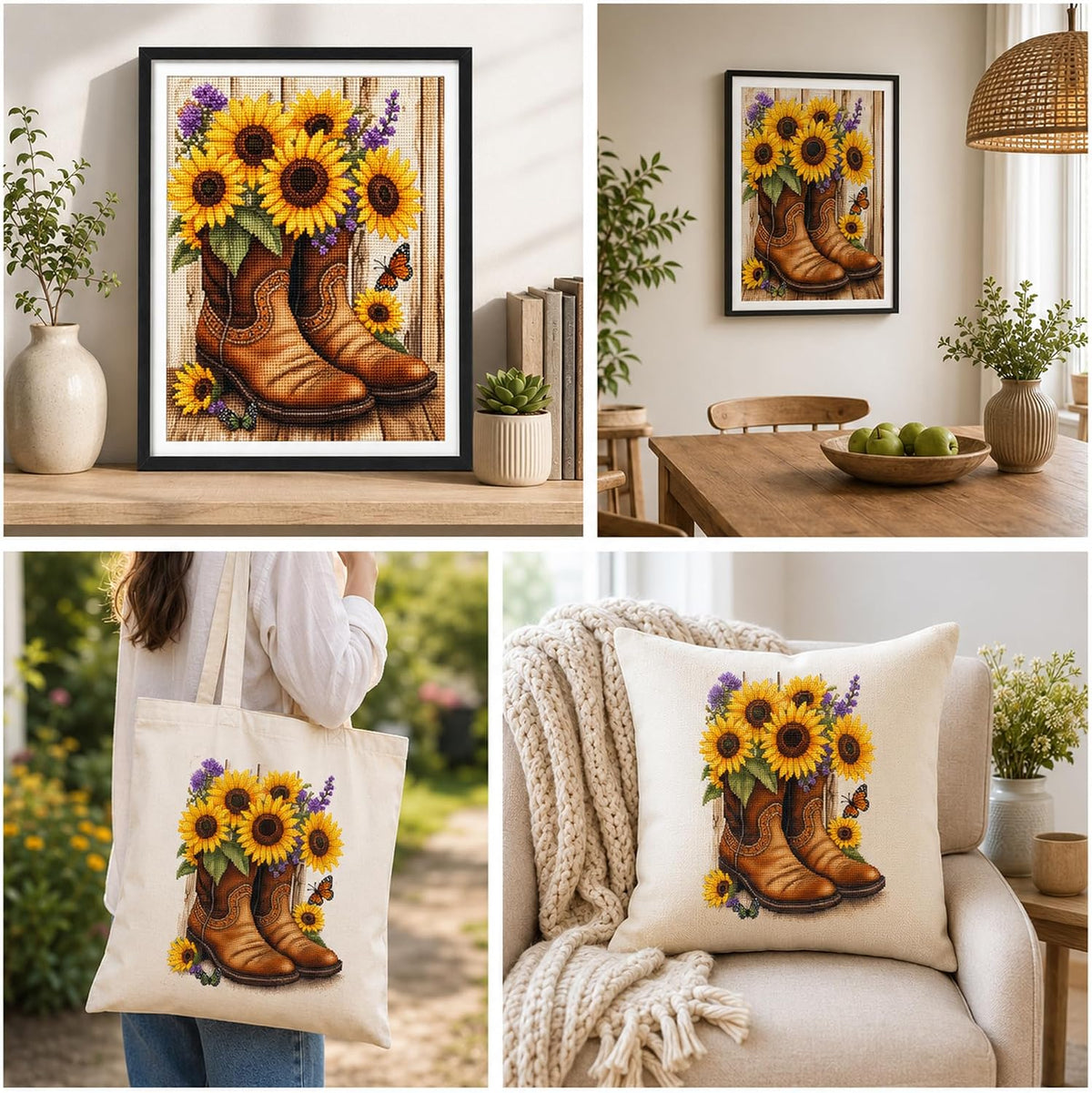 Zhenqing Sunflower Cowboy Boots Stamped Cross Stitch Kit for