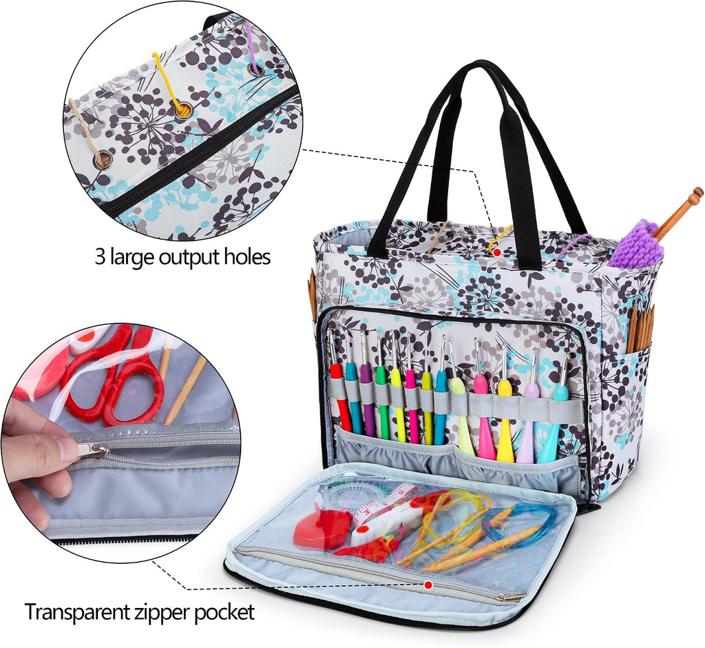 CURMIO Knitting Tote, Yarn Storage Bag with Multiple Pockets