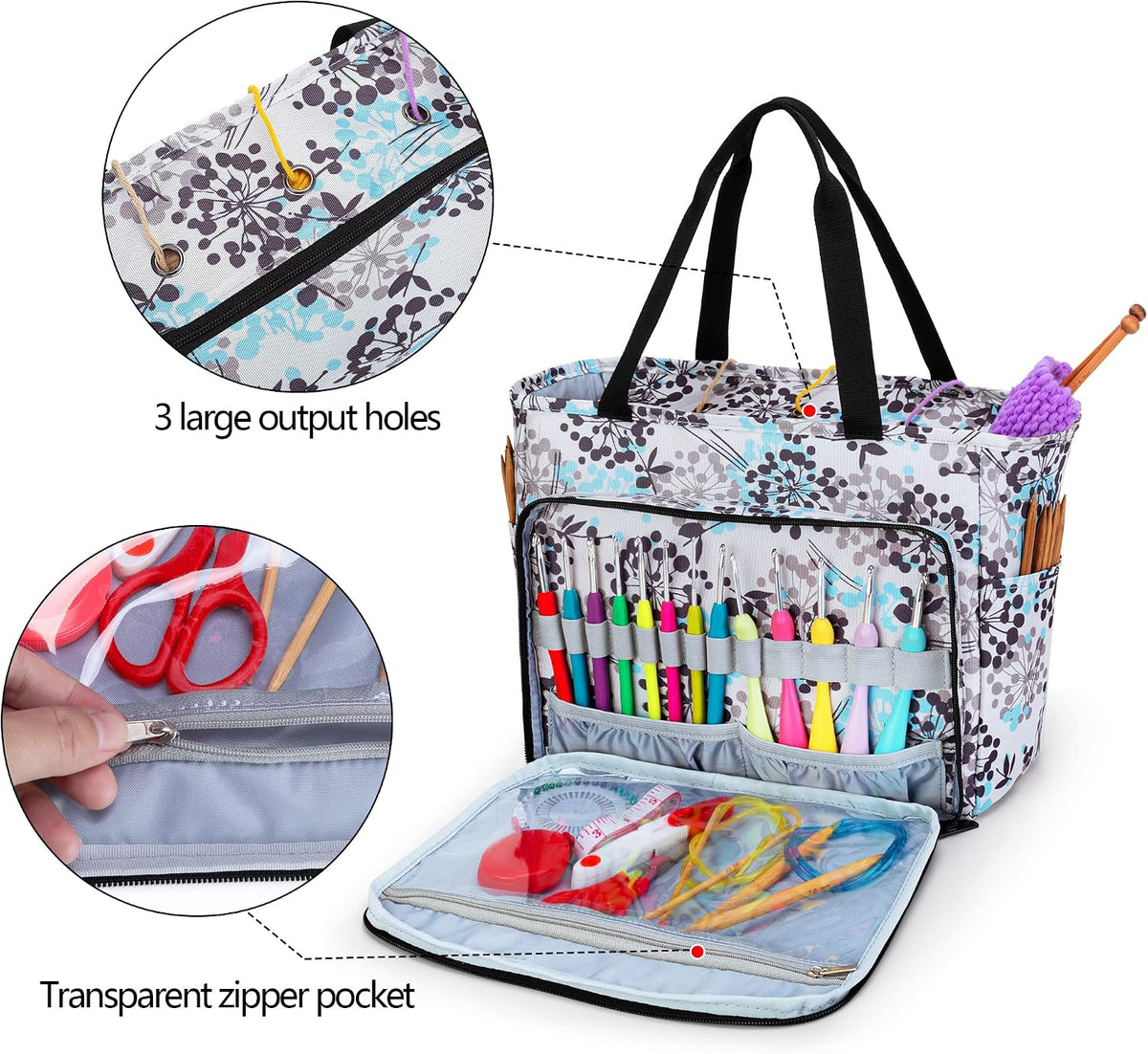 CURMIO Knitting Tote, Yarn Storage Bag with Multiple Pockets