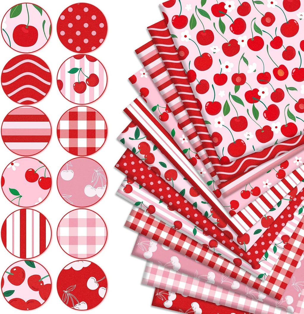 Whaline 12Pcs Cherry Fabric Squares Cherry Flower Stripe Plaid Dot