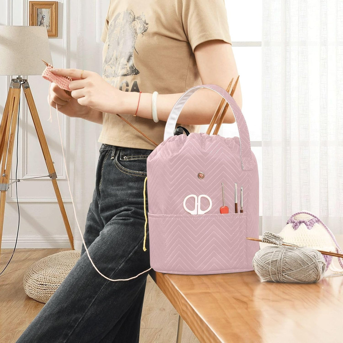 YETTASBIN Pink Solid Color Yarn Storage Bag, Large Crochet Knitting