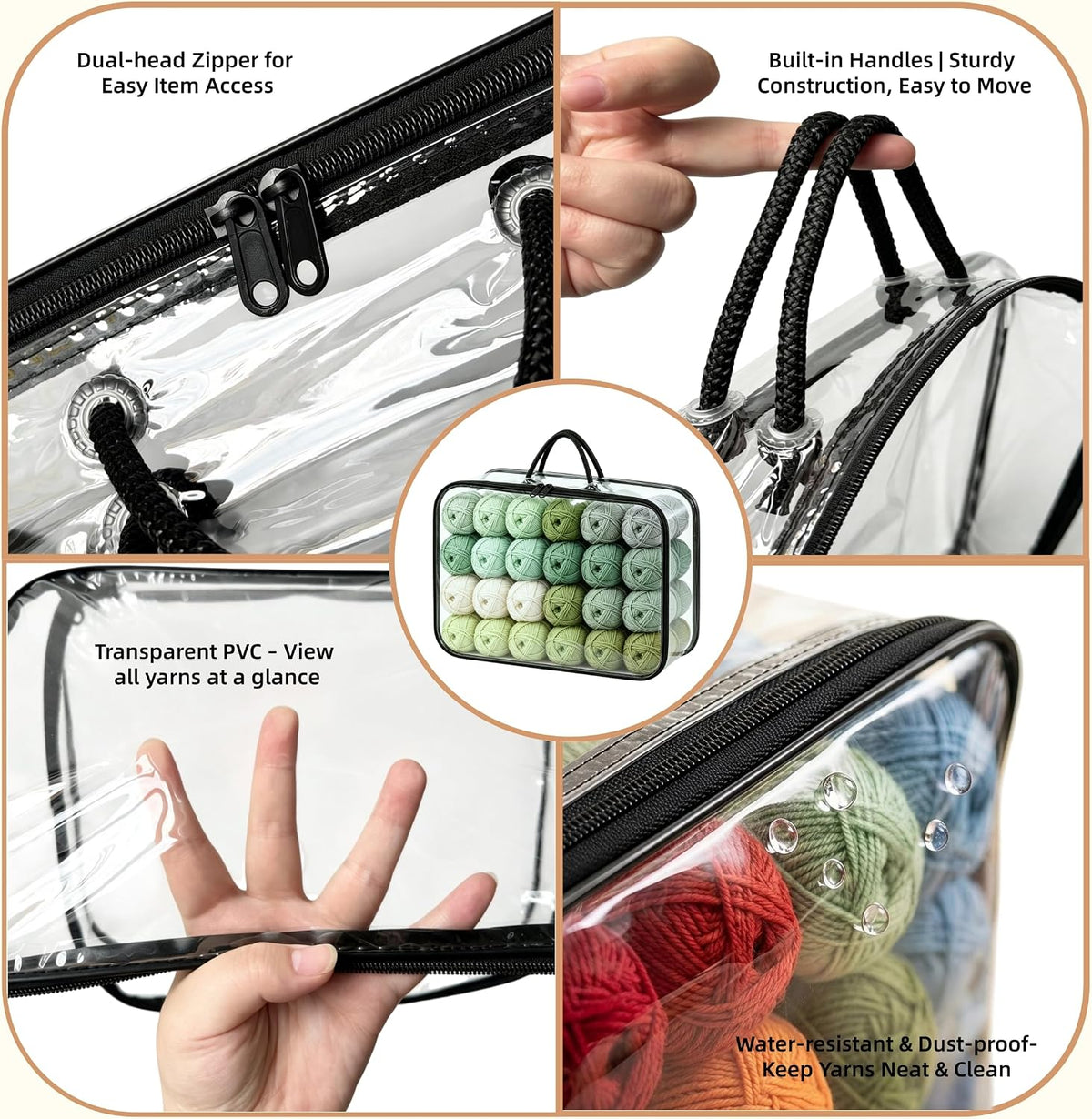 Clear Yarn Storage Bags with Zipper & Handles, 16x12x4 Inches, 3 Pack