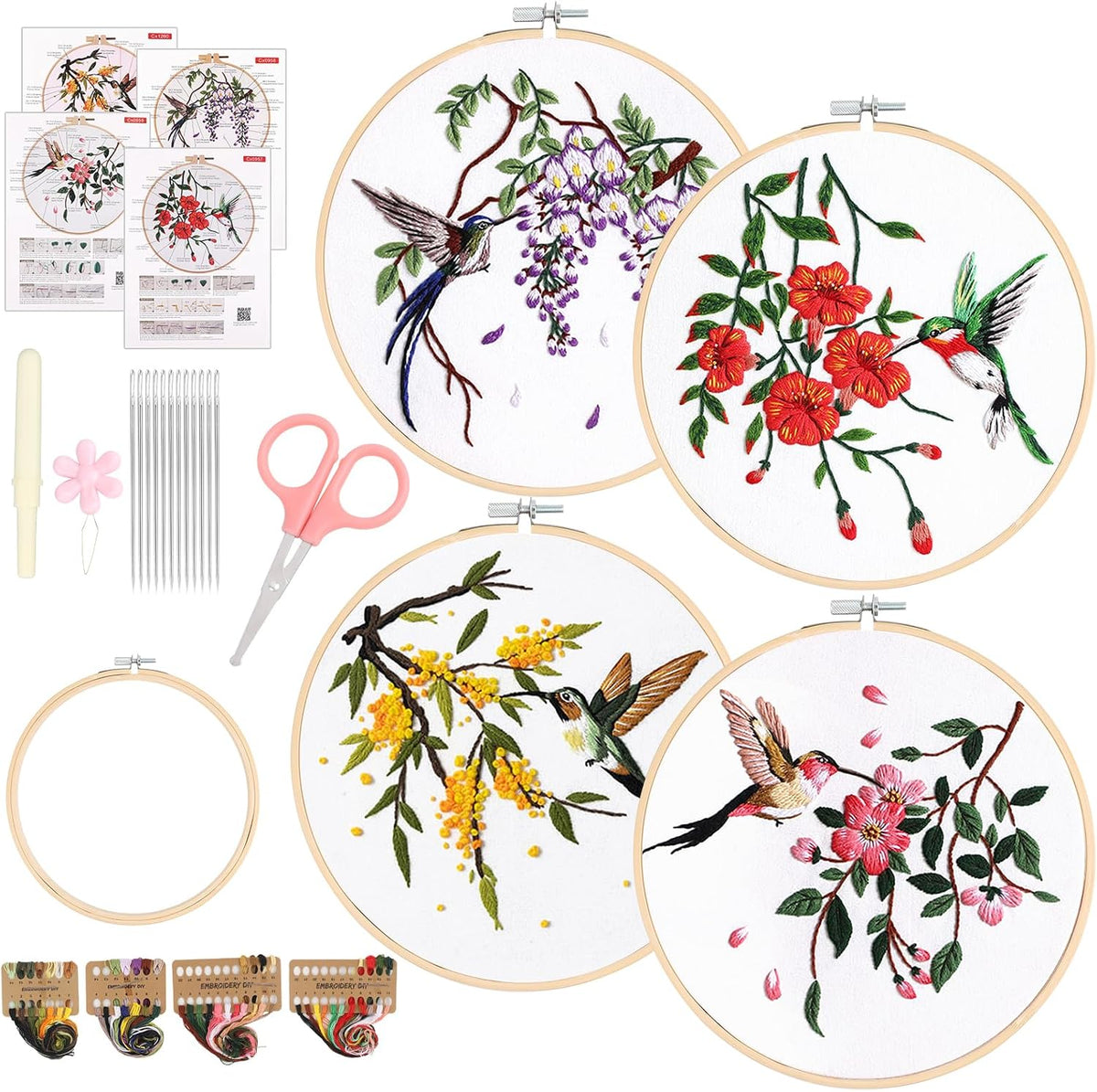 Sopoloray 4 Pack Hummingbird Embroidery Kit for Beginner Adults,Floral
