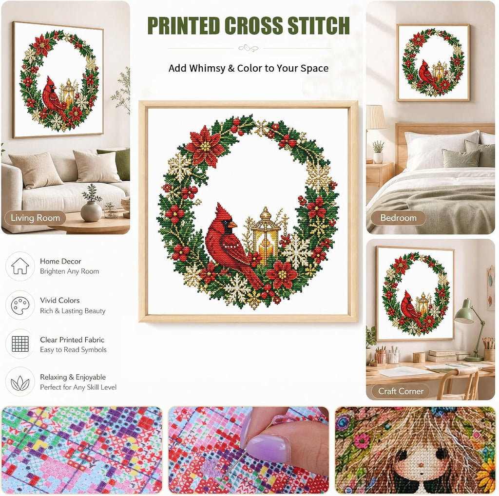 C'eitura Cardinal Christmas Wreath 14CT Stamped Cross Stitch Kit