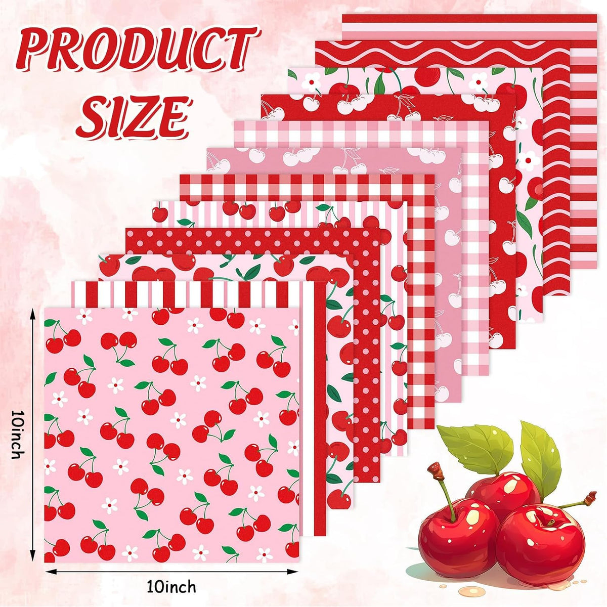 Whaline 12Pcs Cherry Fabric Squares Cherry Flower Stripe Plaid Dot