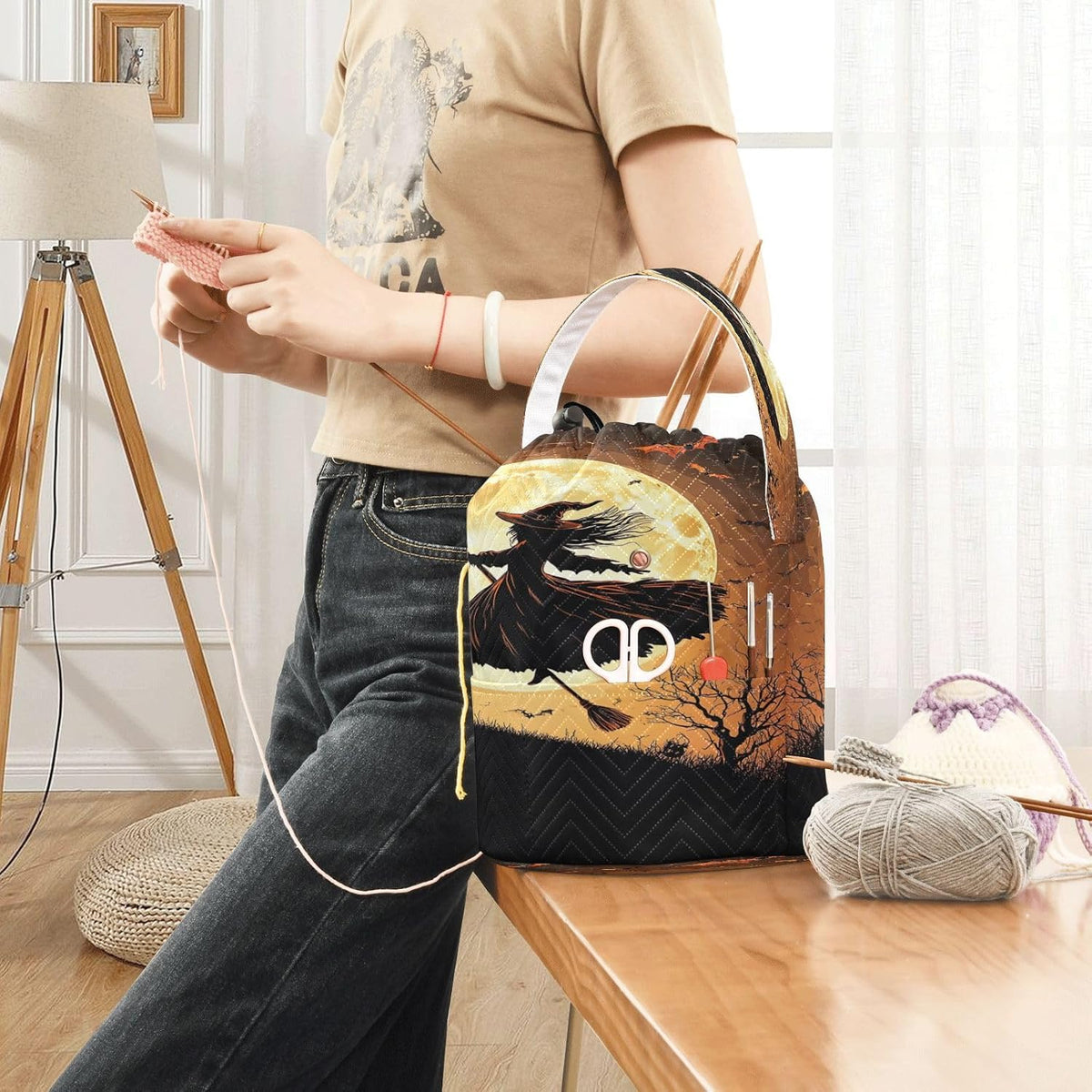 YETTASBIN Halloween Witch Yarn Storage Bag, Large Crochet Knitting Bag