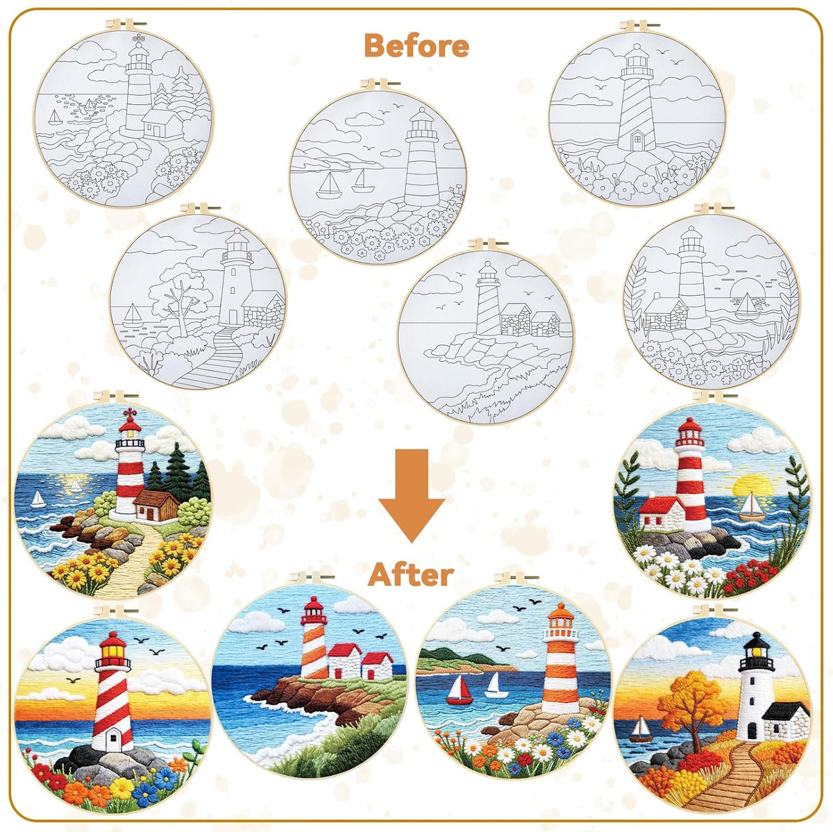BEUNITONE 6 Set Beginner Embroidery Kit for Adults with Pre-Printed