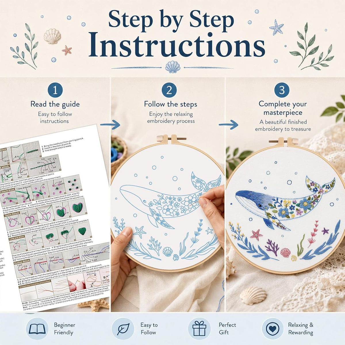 Louise Maelys Embroidery Kit for Beginners, Whale Ocean Needlepoint
