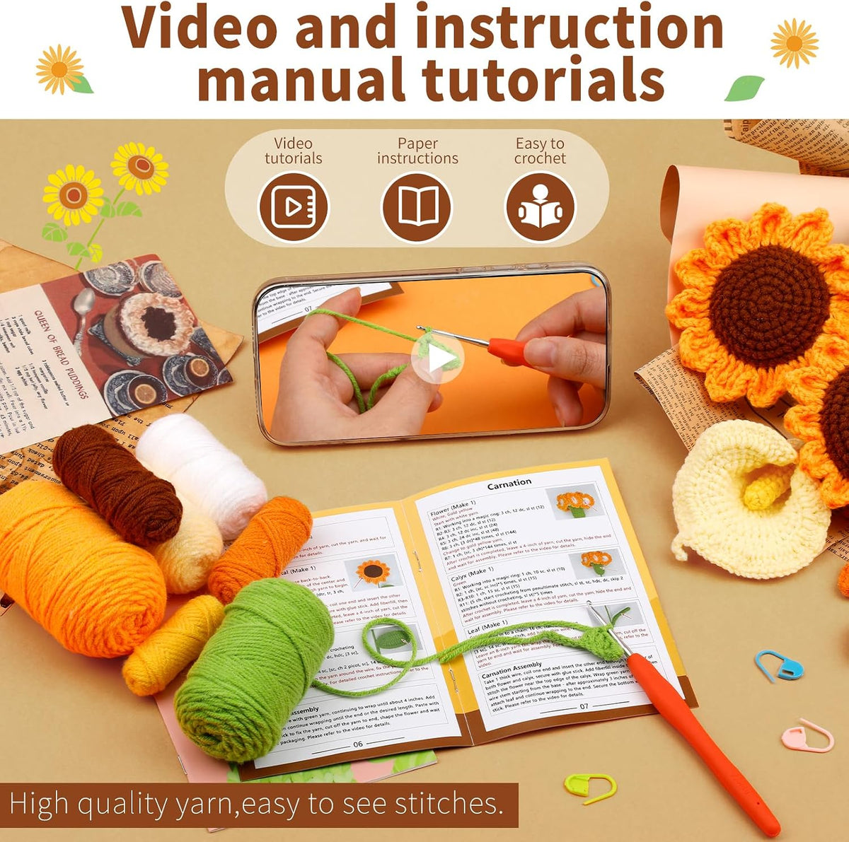Kogyxe Crochet Kit for Beginners Sunflower Crochet Flowers for Adults