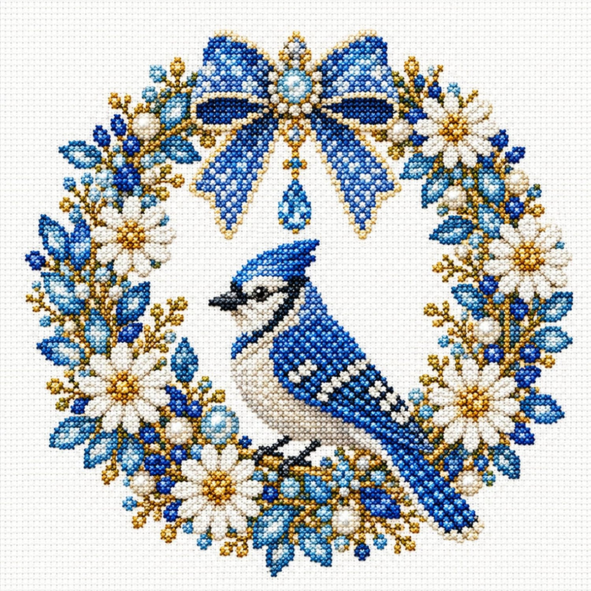 Stamped Cross Stitch Kit for Adults Bird Floral Bow 11CT (Blue Jay)