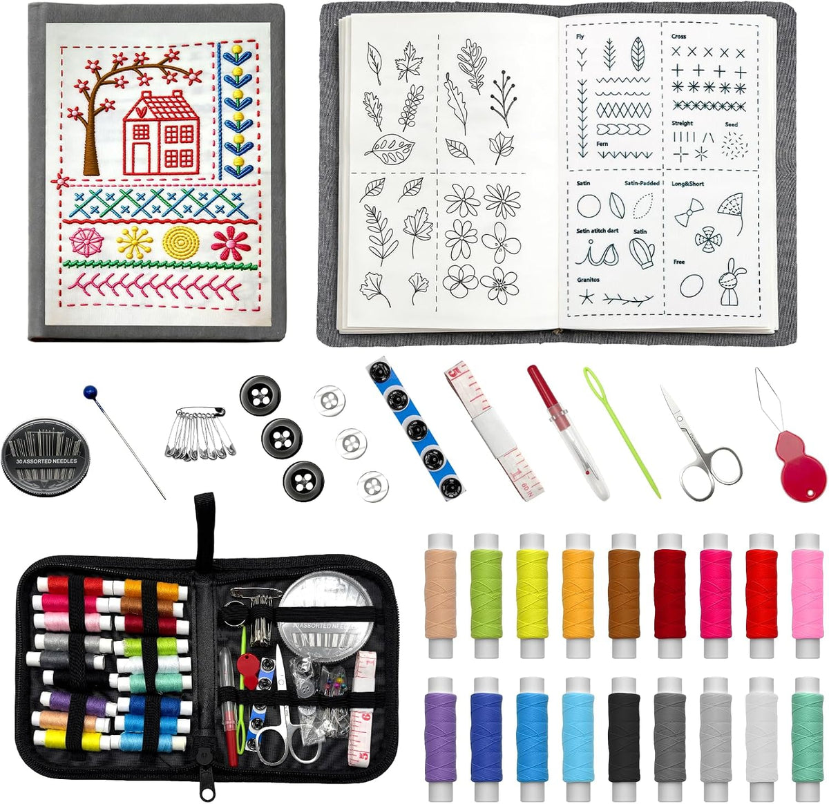 IKKAB Embroidery Stitch Book Kit, 106 Patterns with 86-Piece Sewing