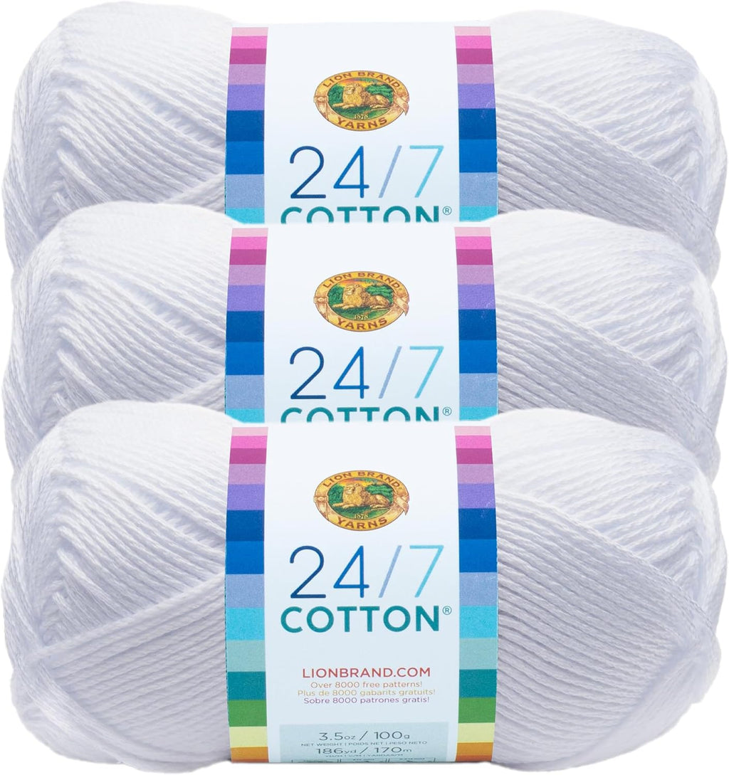 Lion Brand Yarn, 24/7 Cotton Yarn, White, 3 Pack