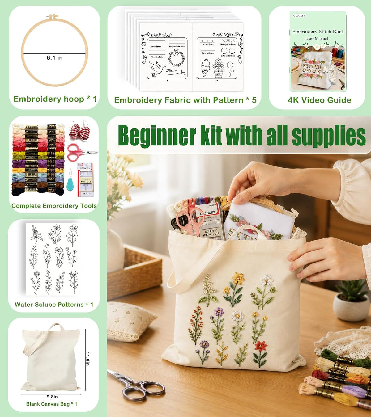 Beginner Embroidery Stitch Book Kit with Portable Canvas Bag for