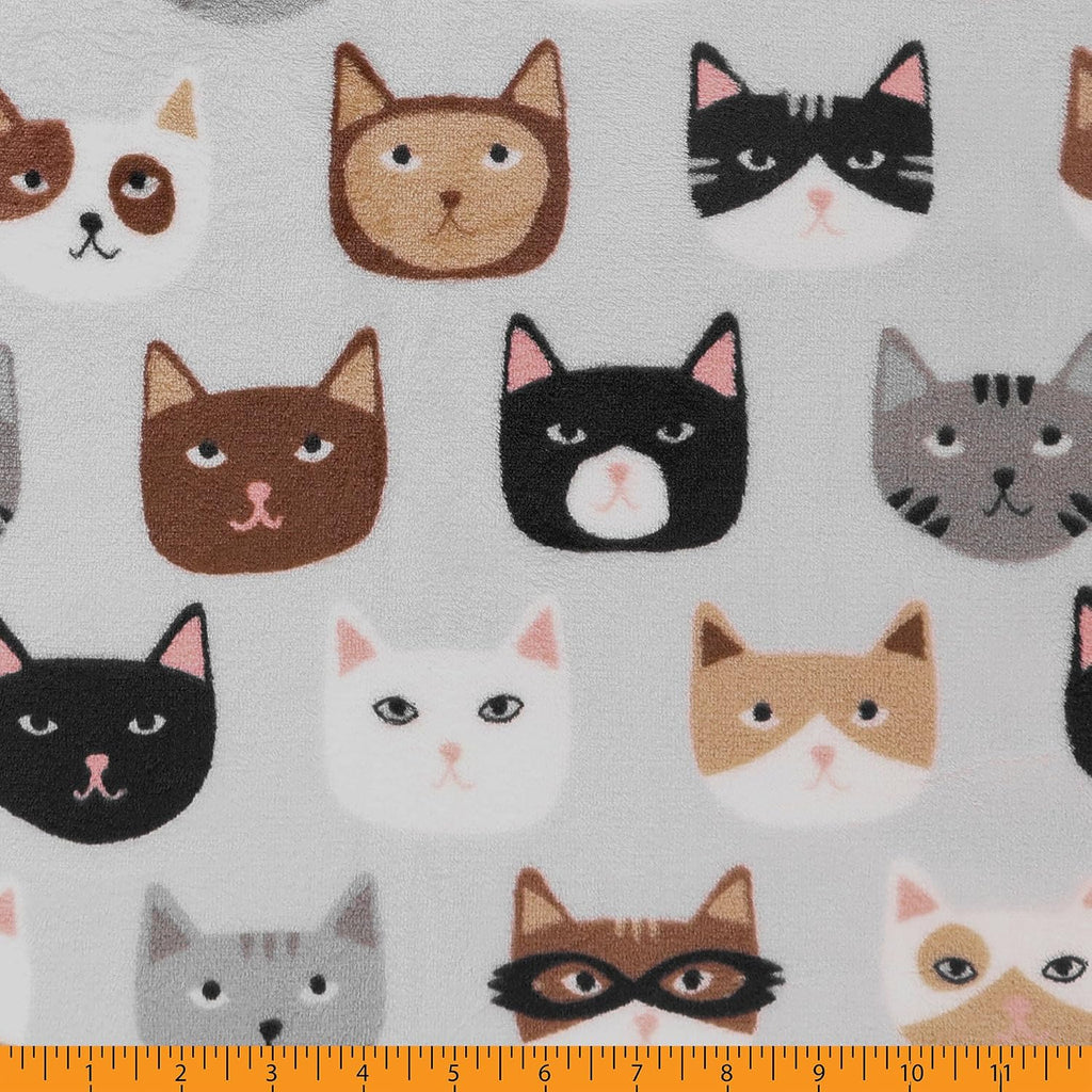 Mook Fabrics Cats Super Soft Velour Fleece, Grey Cut by The Yard
