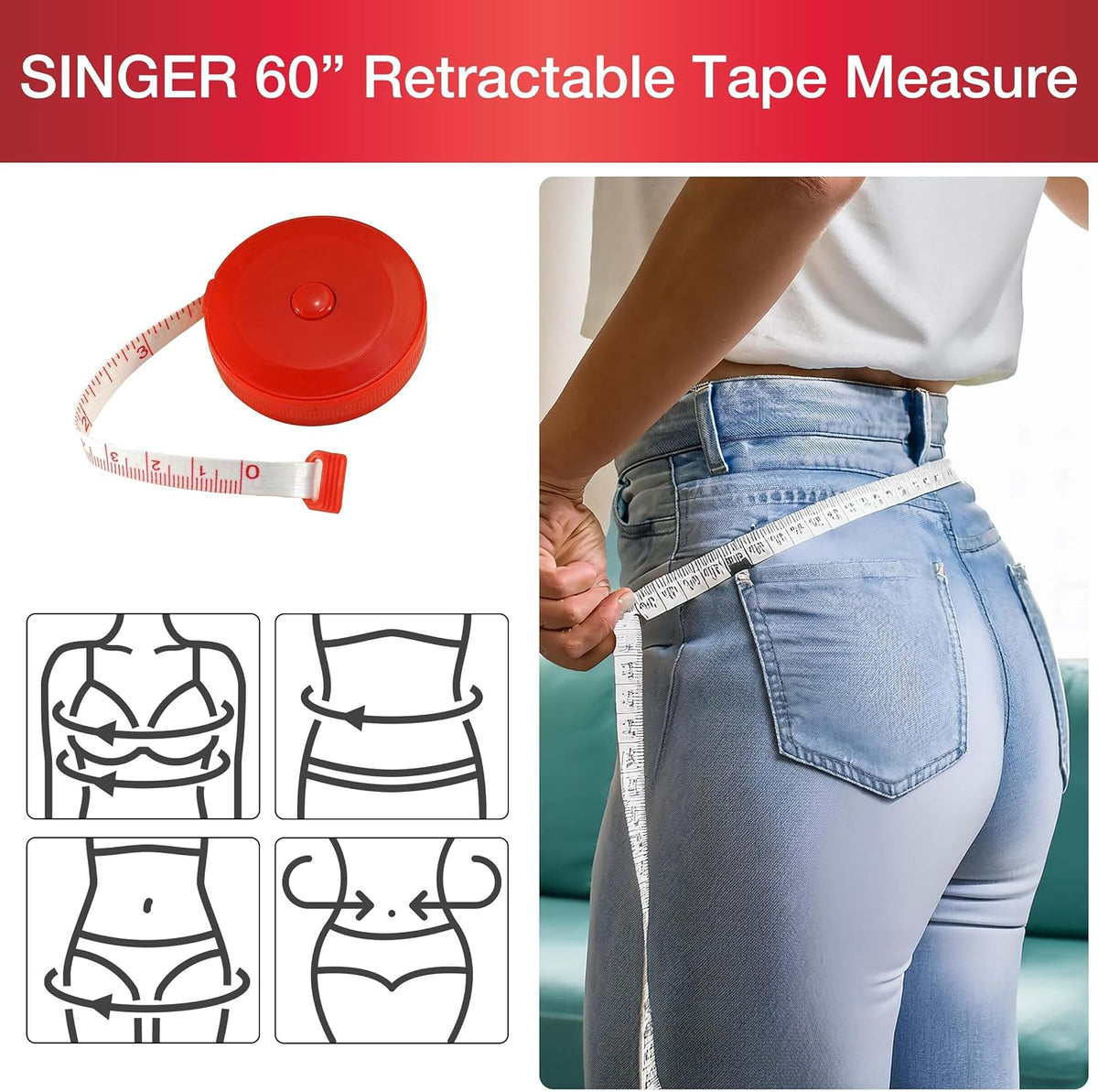SINGER 60-Inch Retractable Tape Measure for Sewing, Tailoring, Body