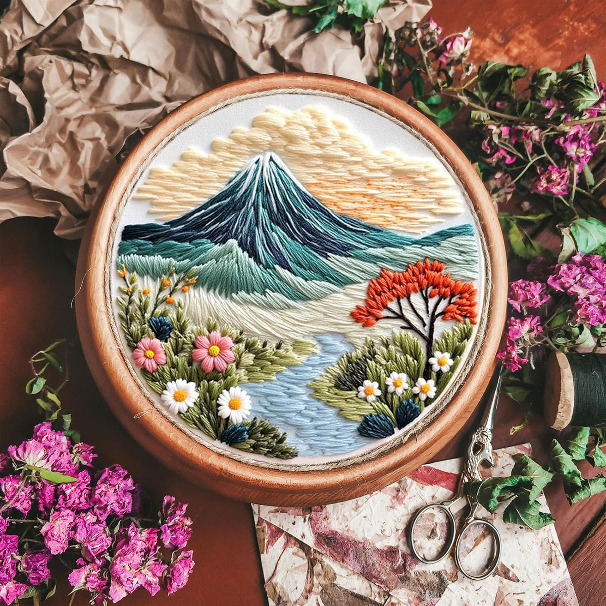 FONNUY Embroidery Kit for Beginners, Flower Hill Nature Landscape