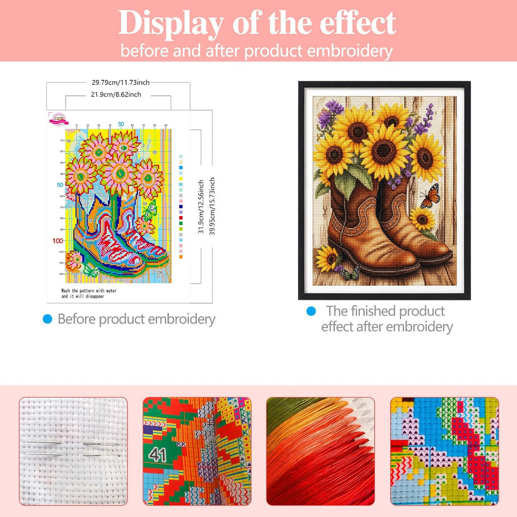 Zhenqing Sunflower Cowboy Boots Stamped Cross Stitch Kit for
