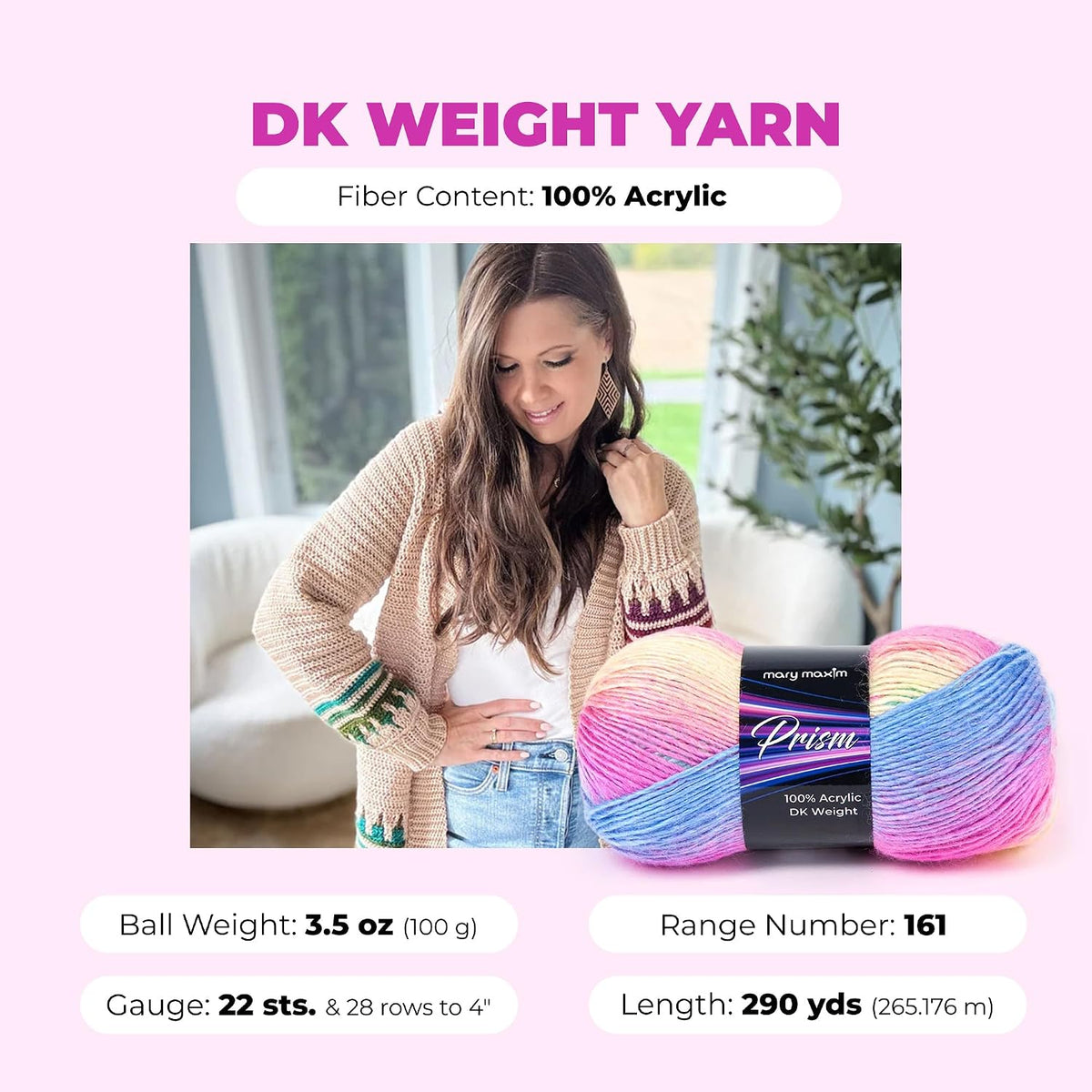 Mary Maxim Prism Yarn, Acrylic Multicolor DK Yarn, 290 Yards, Raibow