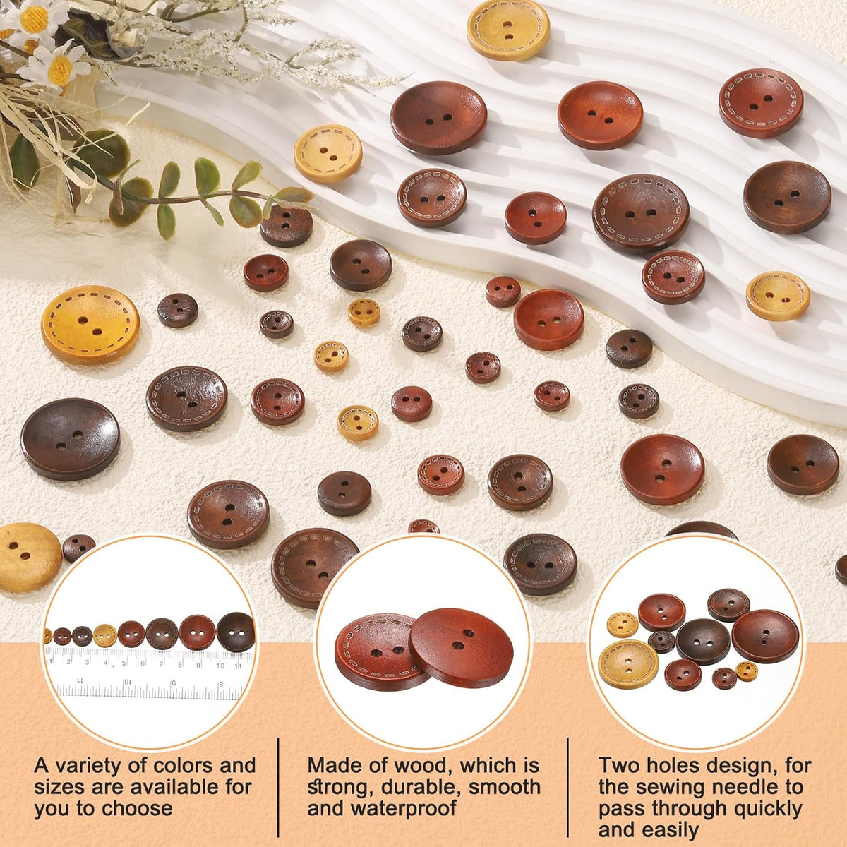 HARFINGTON 30pcs 32L Wooden Sewing Button 4/5"(20mm) 2 Holes Wood