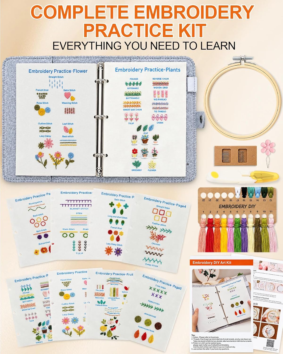 Thinas Embroidery Stitch Book Kit for Adults, 20 Stitches, Removable