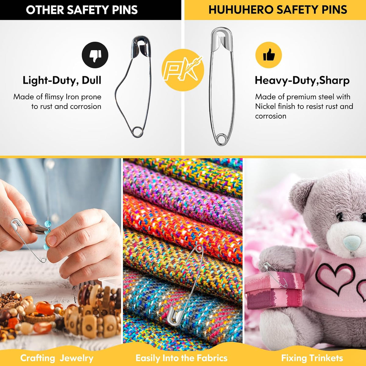 Huhuhero 365 Pack Silver Safety Pins Assorted, 5 Different Sizes Pin