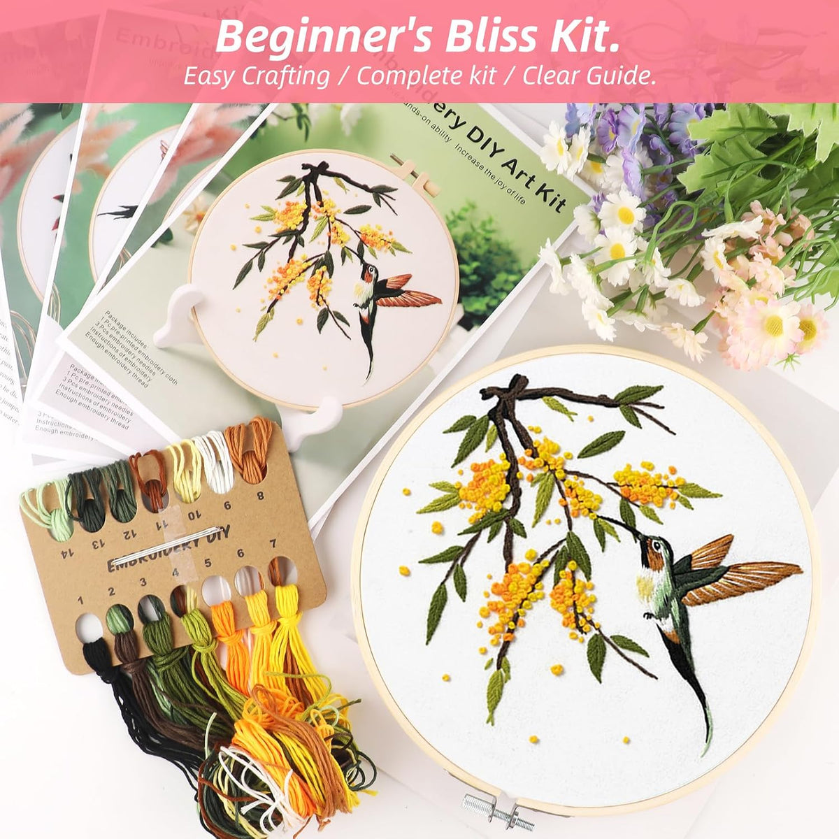 Sopoloray 4 Pack Hummingbird Embroidery Kit for Beginner Adults,Floral