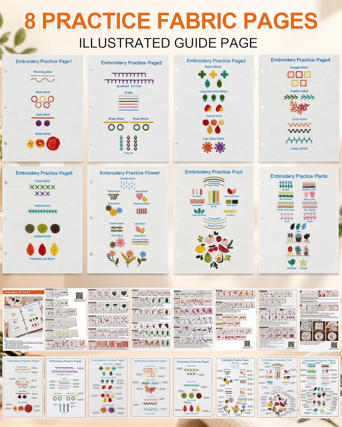 Thinas Embroidery Stitch Book Kit for Adults, 20 Stitches, Removable