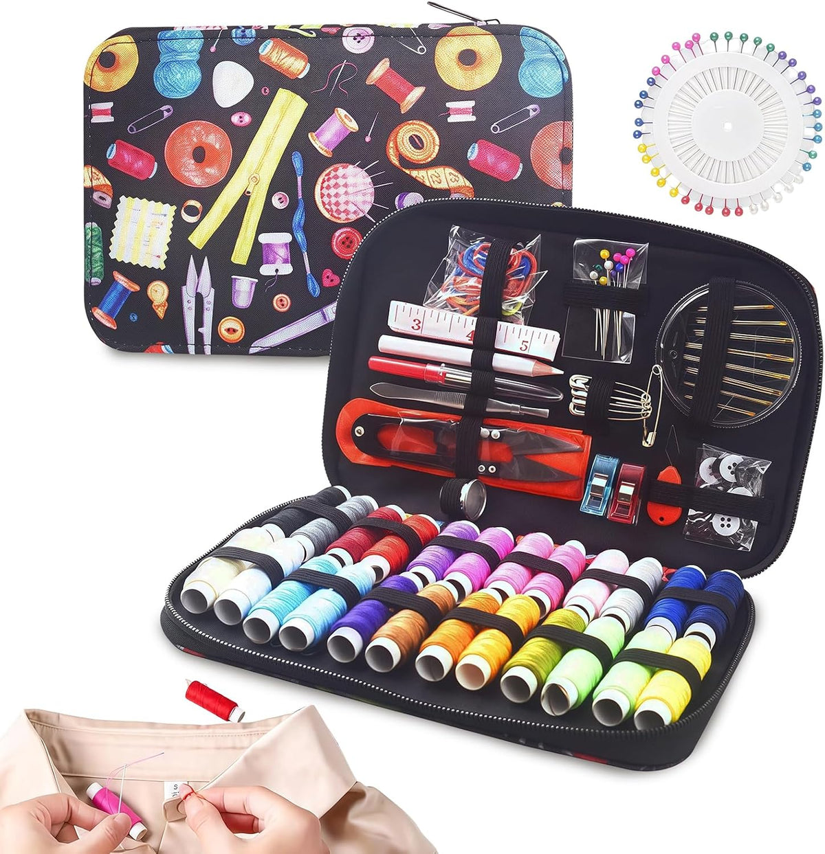 Portable Sewing Kit, 24 Color Threads, Sewing Supplies Organizer with