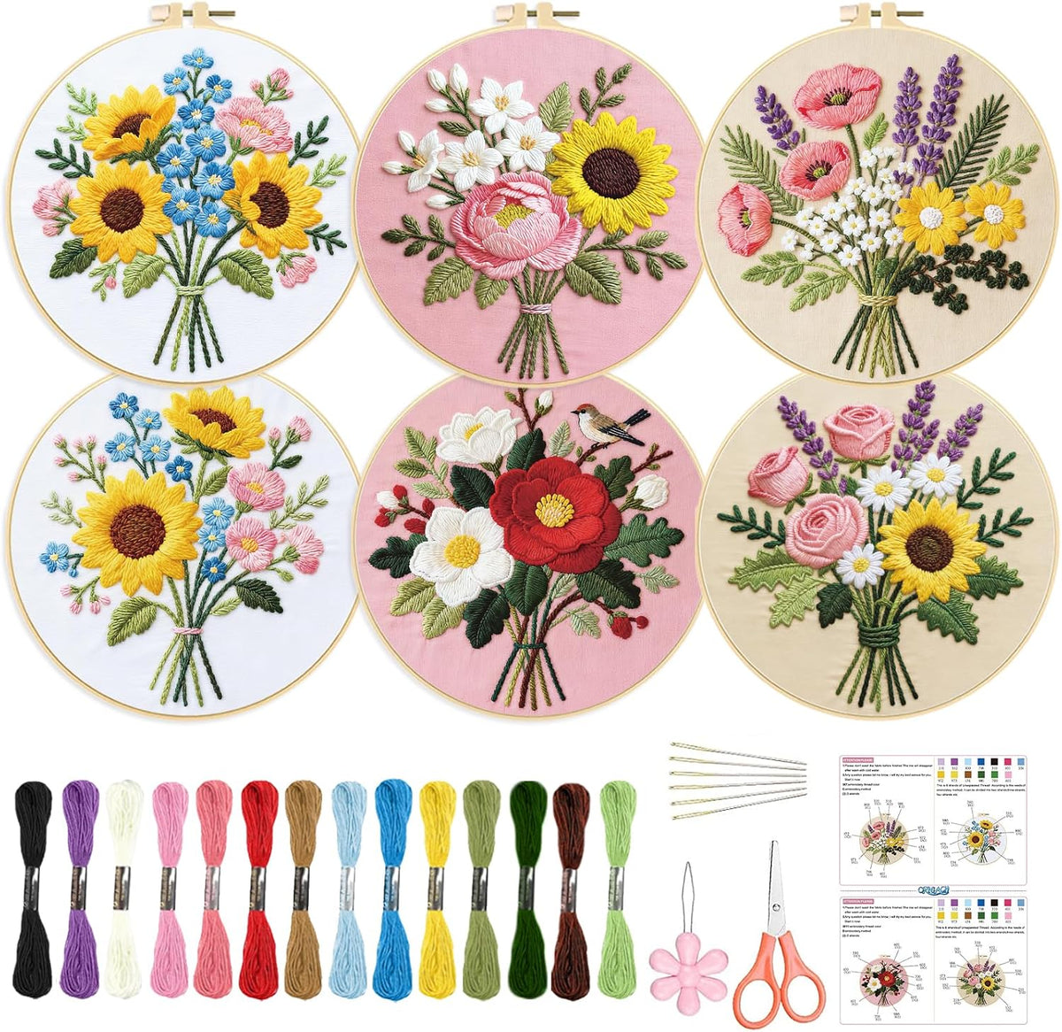 ORIGACH 6 Pack Flower Bouquet Embroidery Kit for Beginner