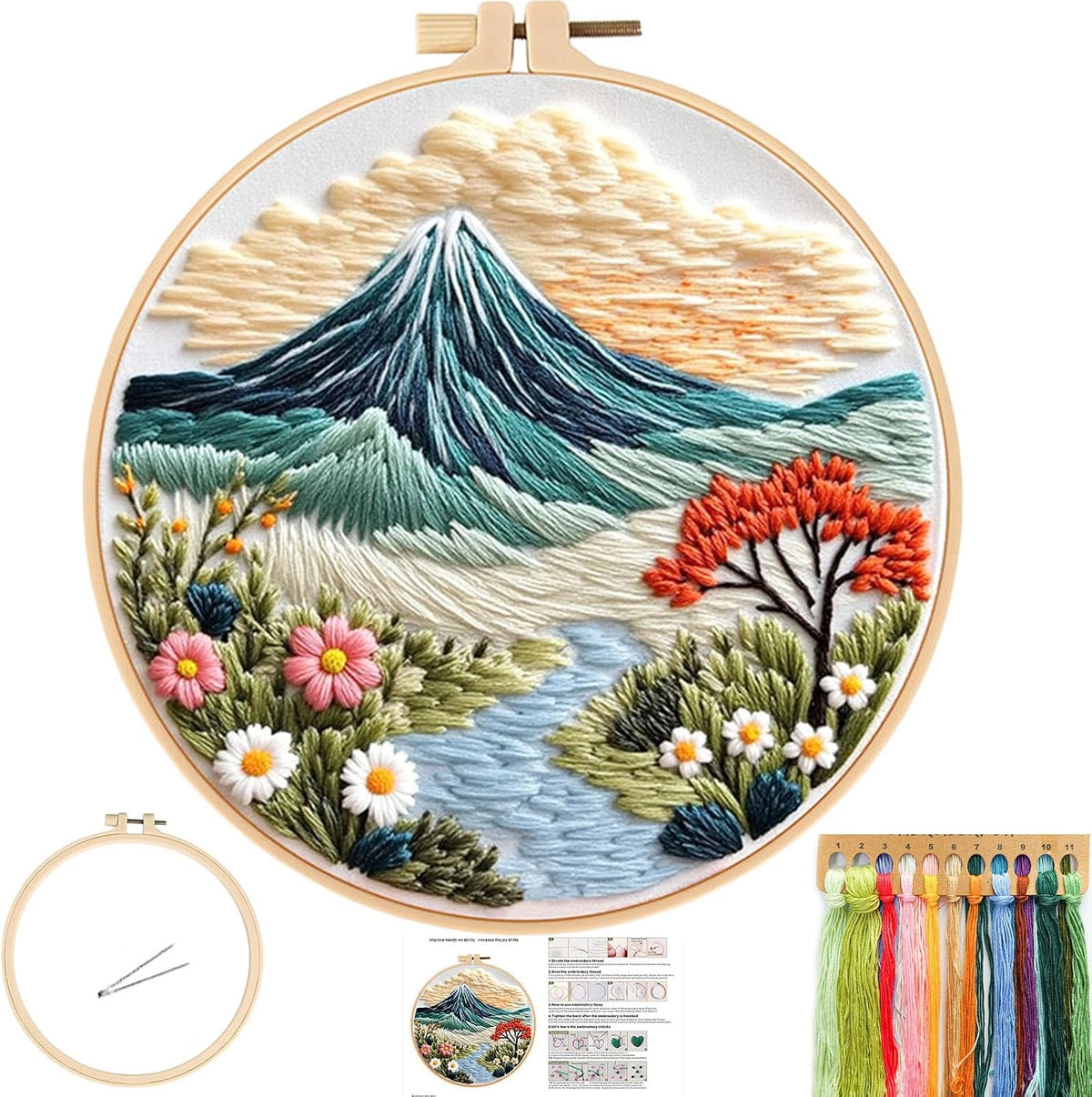 FONNUY Embroidery Kit for Beginners, Flower Hill Nature Landscape