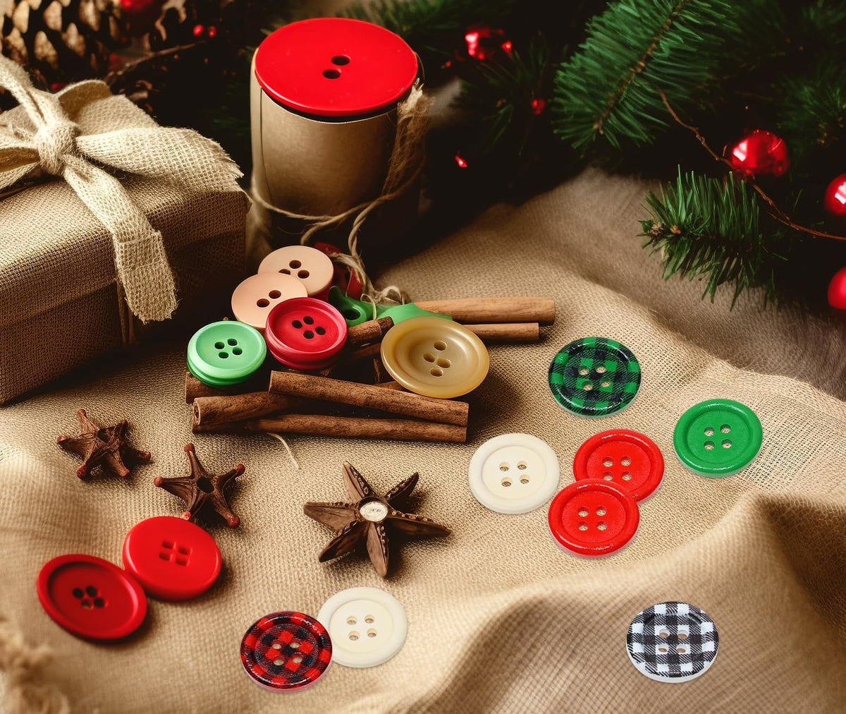 Christmas Wooden Buttons 60Pcs 4 Holes Buffalo Plaid Red Green White