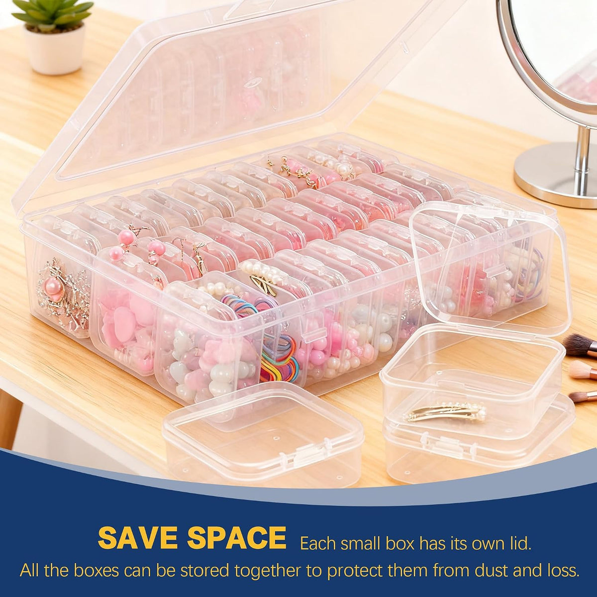 1 Large Box & 30-Grid Transparent Plastic Bead Organizer (Hinged Lid)