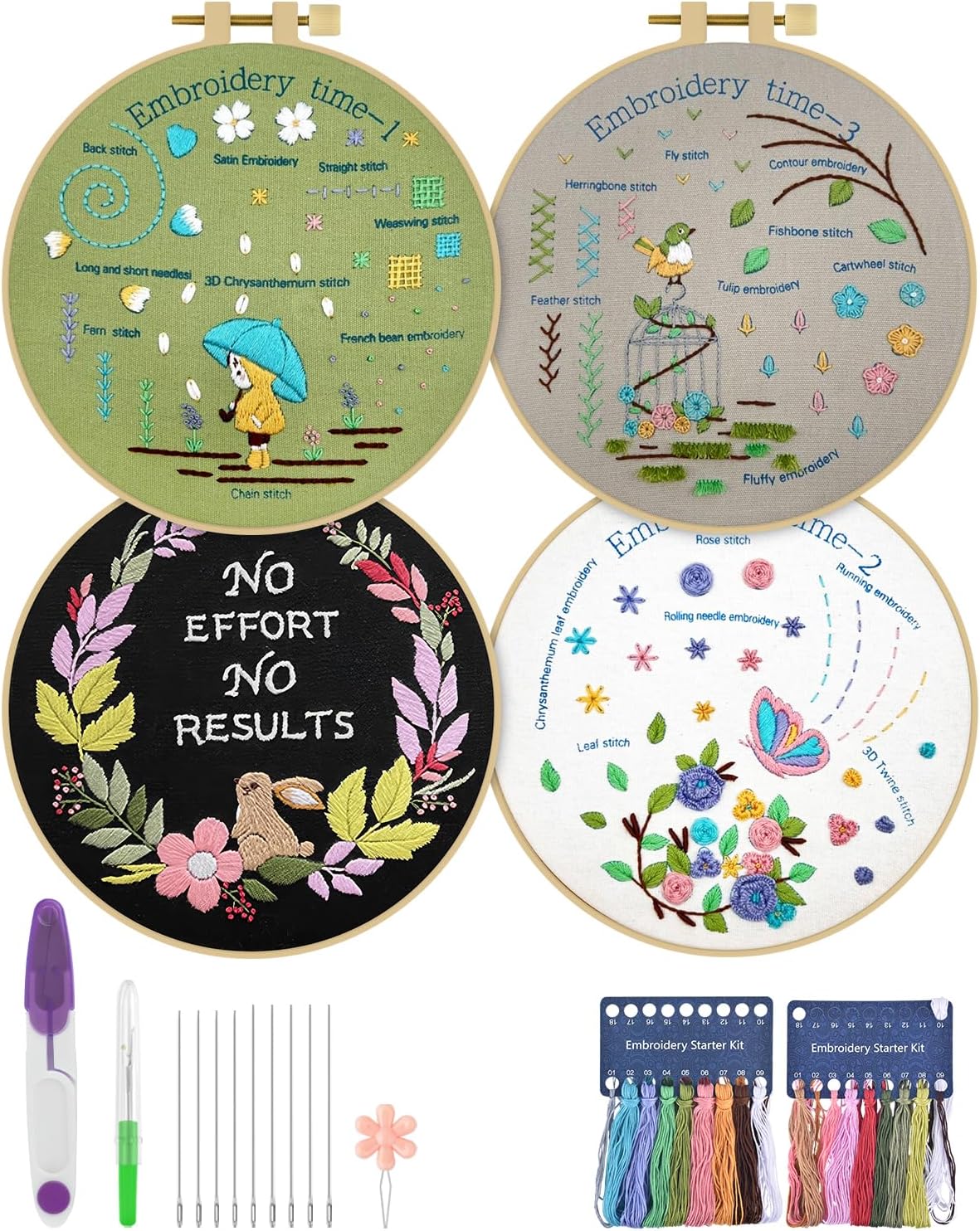 ERKOON 4 Pack Beginner Embroidery Kits for Adults DIY Starter Kit with