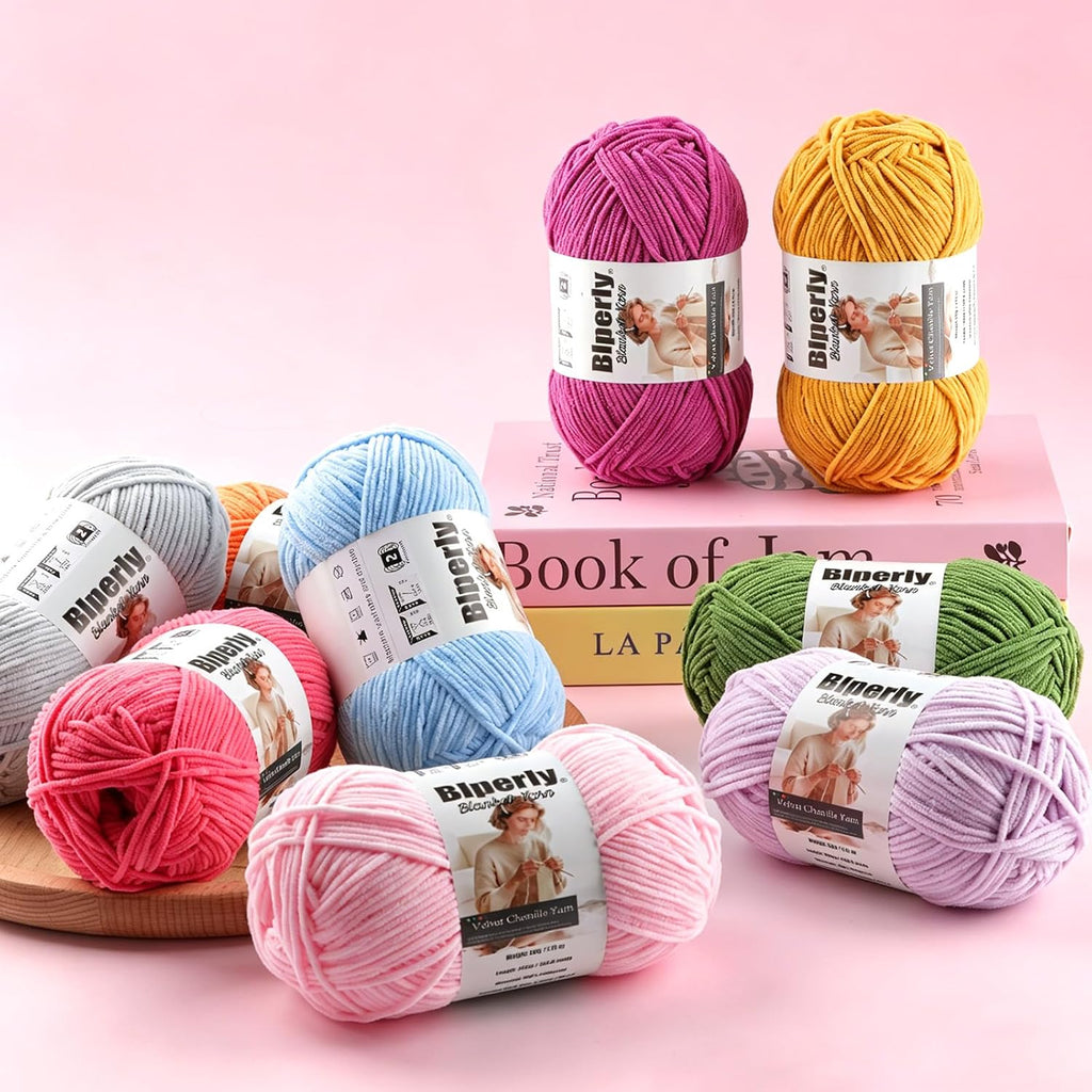 Skinny Chenille Yarn for Crocheting, #2 Blue Thin Baby Blanket Plush