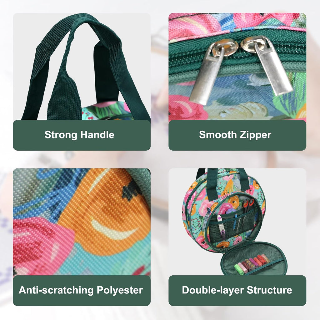 Round Embroidery Project Bag, Tote for Hoops, Floss&Sewing Supplies