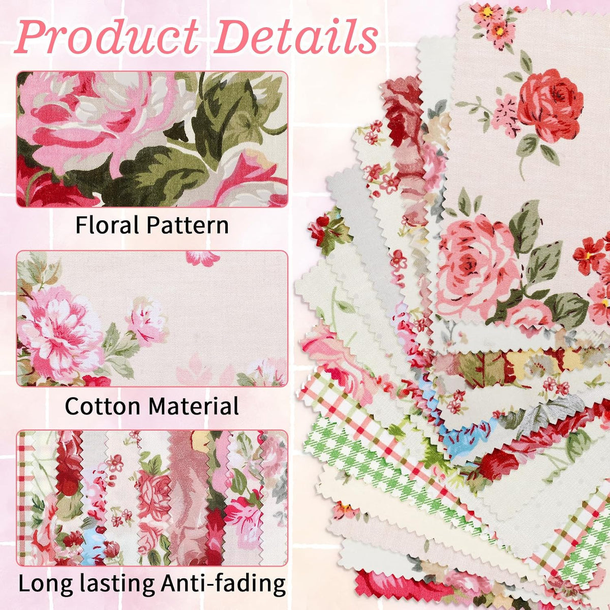 42Pcs Pink Charm Packs for Quilting, 100% Cotton Fabric Squares 5 x