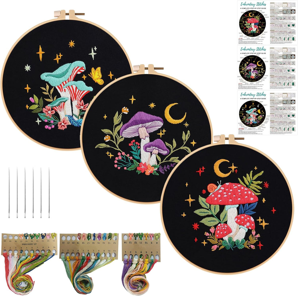 Nuberlic 3 Pack Embroidery Kit for Beginners, Mushroom Cross Stitch