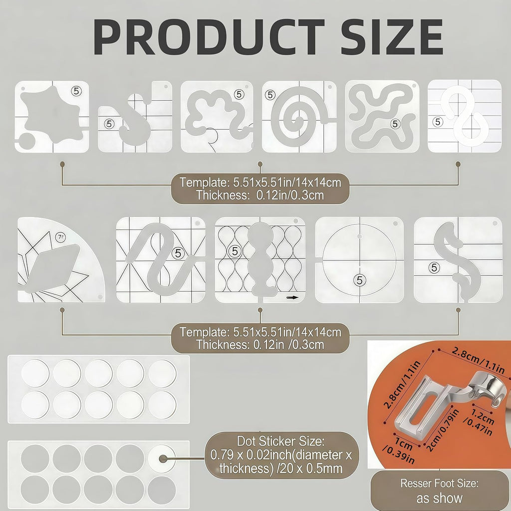 14PCS Free Motion Quilting Kit - 11PCS 3mm Templates, High Shank