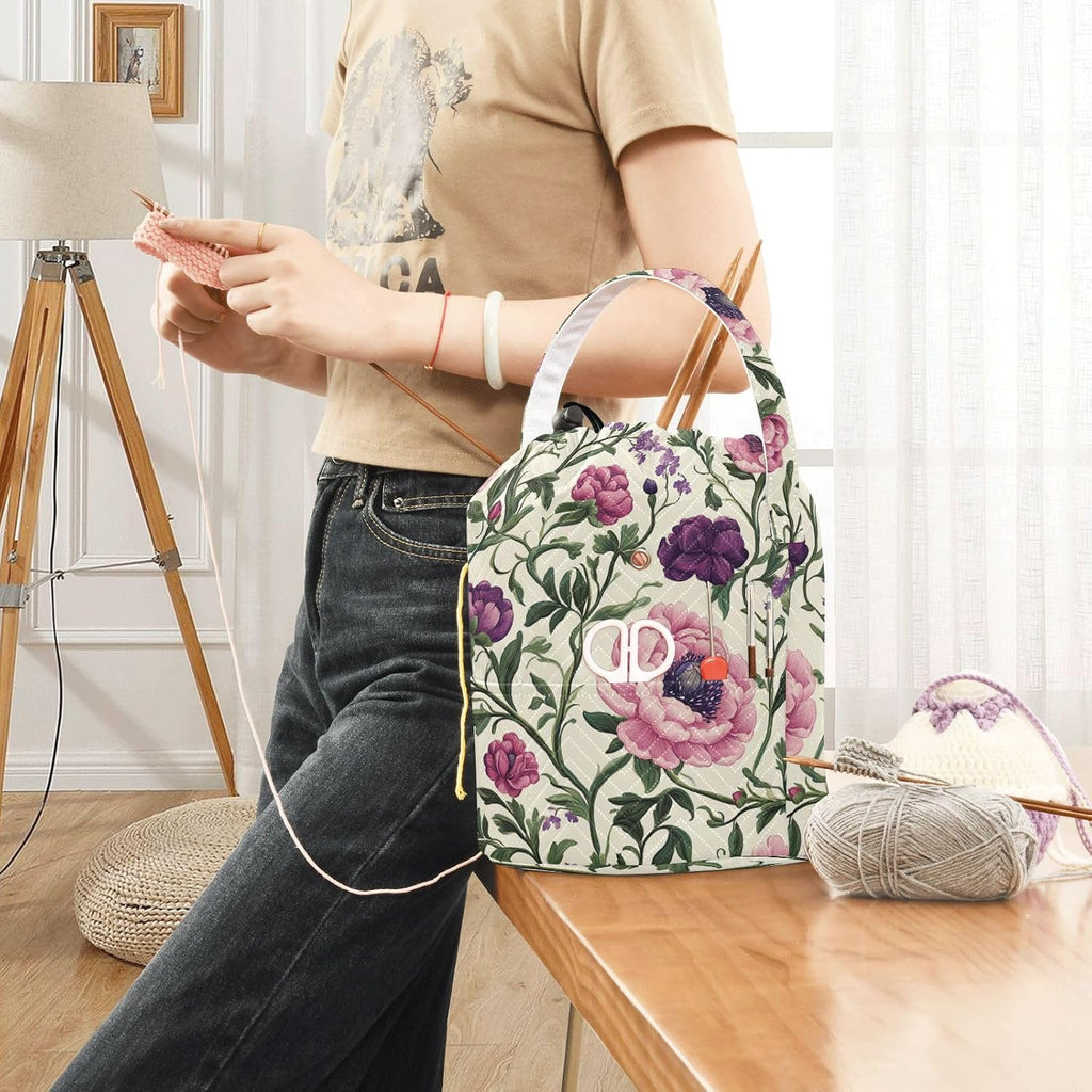 Vintage Flowers Green Leaves Yarn Storage Portable Yarn Project Bag