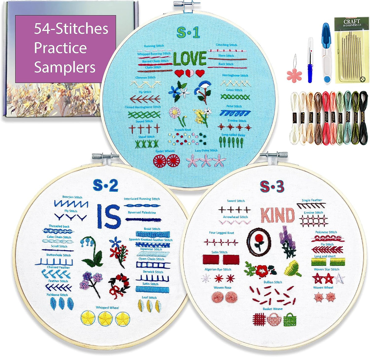 Sutesloly Embroidery Kit for Beginners Adults, 3 Sets Learn to Floral