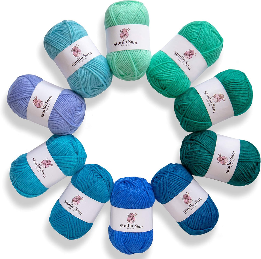 Studio Sam Acrylic Yarn Set. Ten Large 50g Skeins. Total 1030 Yards.