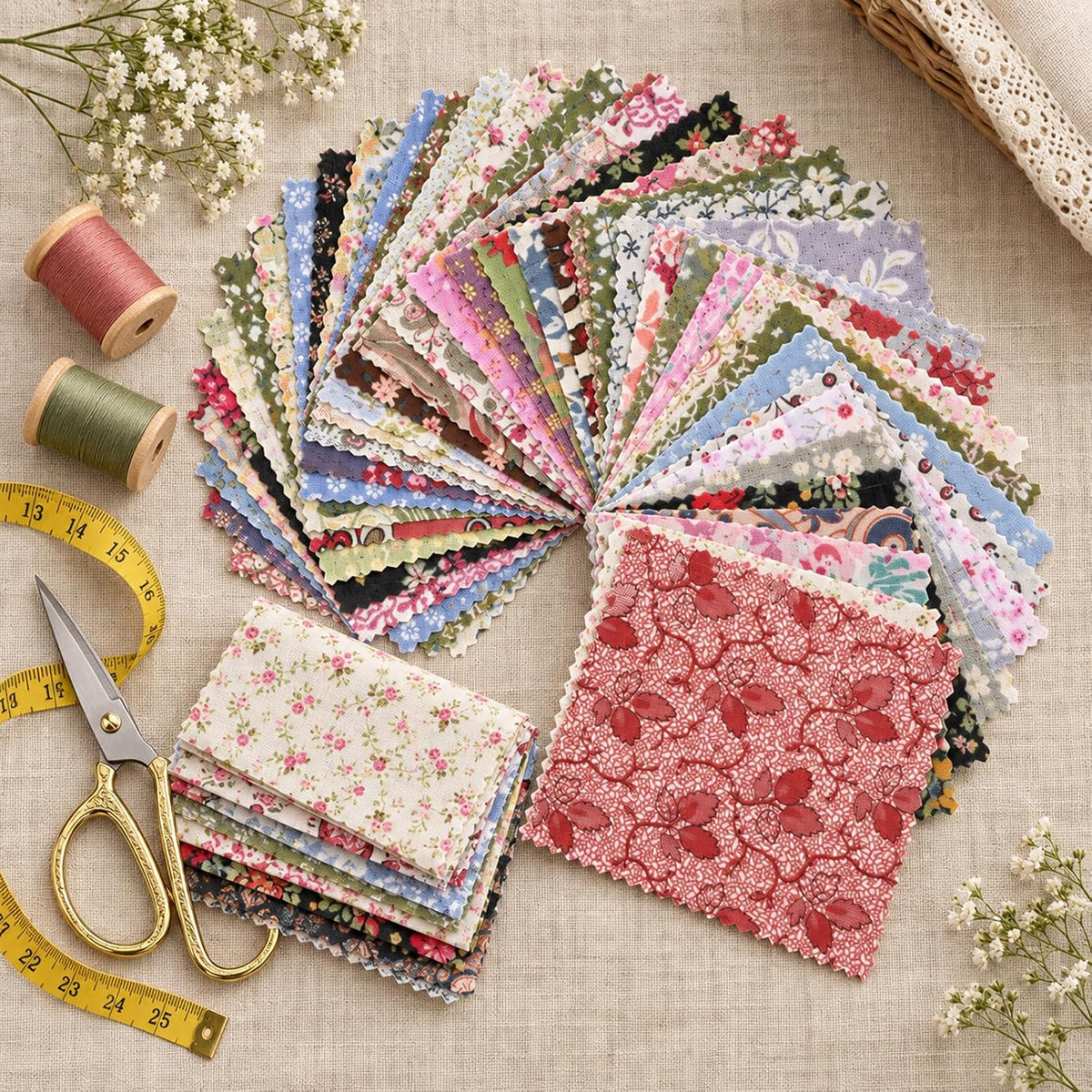 50 Pcs Vintage Fabric Squares Charm Pack Fabric Quilting Squares