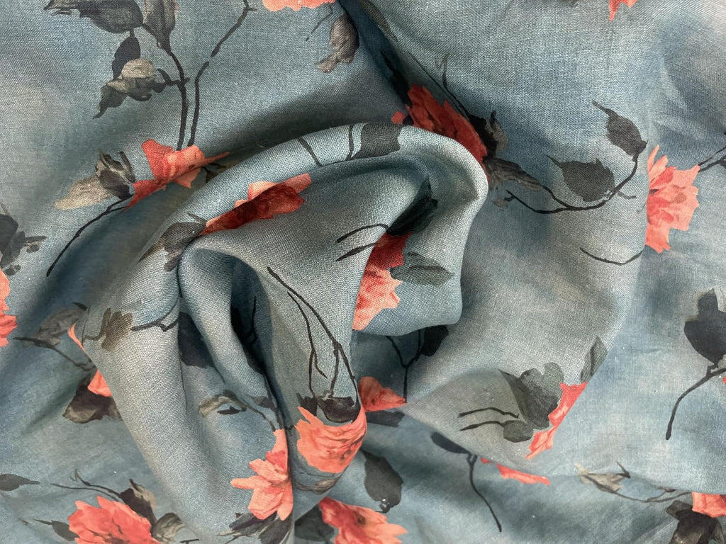 Floral Printed Linen - Teal & Pink - Fabric by The Yard